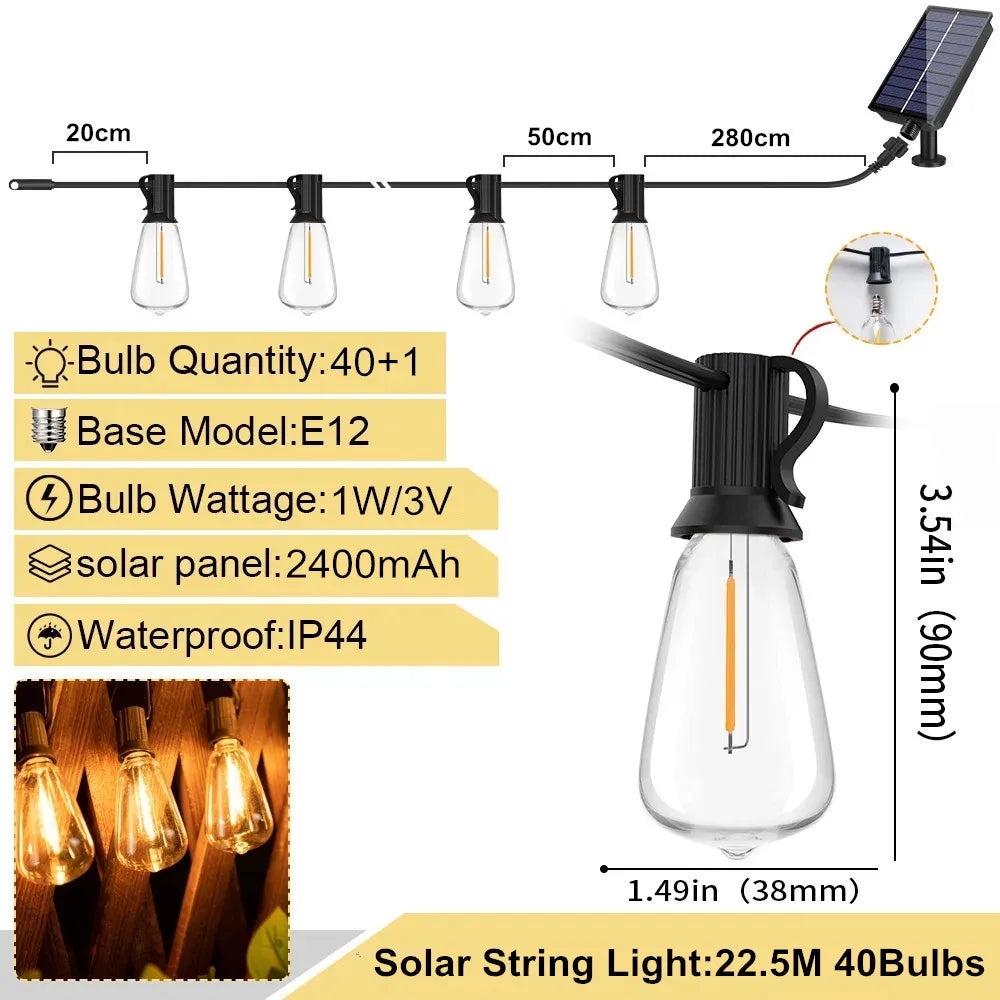 LED ST38 Solar String Lights for Outside, USB & Solar Dual Charging Outdoor String Lights for Porch Garden Camping