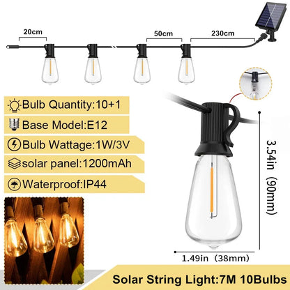 LED ST38 Solar String Lights for Outside, USB & Solar Dual Charging Outdoor String Lights for Porch Garden Camping