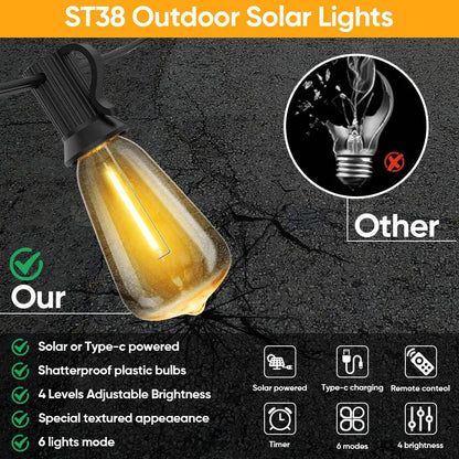 LED ST38 Solar String Lights for Outside, USB & Solar Dual Charging Outdoor String Lights for Porch Garden Camping